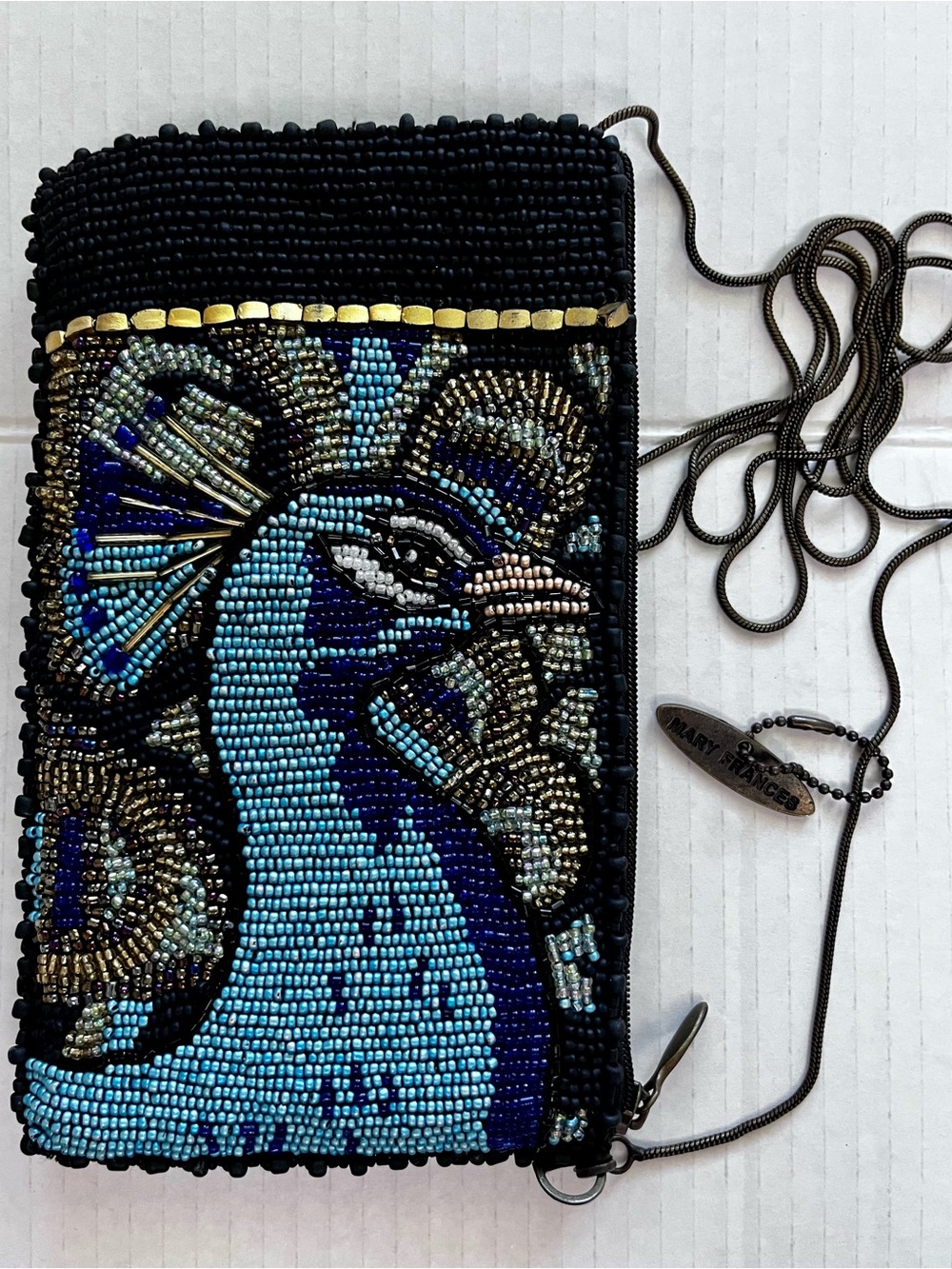 Mary Frances Blue Peacock Beaded Crossbody Clutch